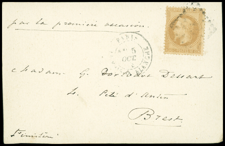 N°28 OBL GC + CAD "Paris La Maison Blanche" (5 oct 70) sur carte pour Brest sans arrivée, avec mention manuscrite "par la première occasion". TB