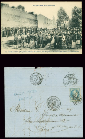 N°29 OBL GC 2240E + CAD "Marseille cours du chapitre" (23 mai 71) sur lettre pour Paris réexpédiée en poste restante à Saint Mandé (tentative d'entrée pendant la semaine sanglante). Est jointe une carte postale sur l'exé