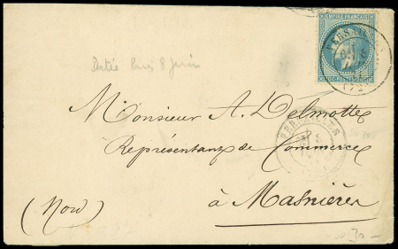 N°29 OBL Versailles (8 juin 71) sur lettre datée de Paris pour Masnières (Nord). TB