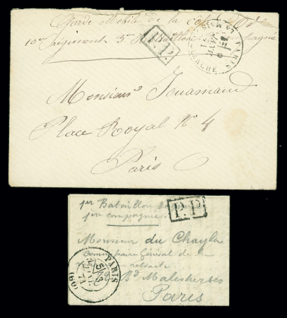 2 lettres de militaires avec CAD "Paris La Maison Blanche" (9 janv 71) + "PP" noir encadré et mention manuscrite "Garde mobile de la Côte d'Or" et avec CAD "Paris -60)" (3 janv 71) + "PP" encadré noir et mention manuscri