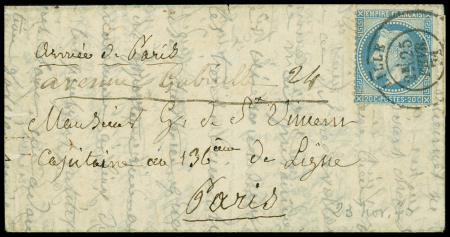 N°29 OBL T17 Lille (25 fev 71) sur lettre pour paris (tentative d'entrée) avec mention manuscrite "Armée de Paris". TB
