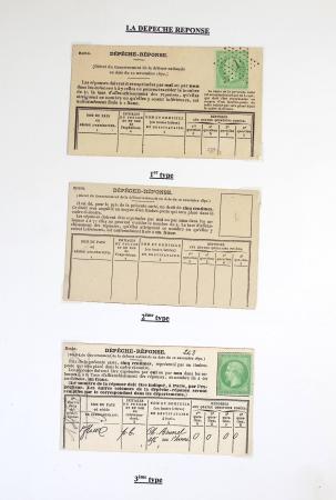 Dossier contenant les dépêches réponses de 1870 (types 1, 2 et 3 dont 2 avec n°20 neuf, une collection de cartes Léon Besnardeau (Camp de Conlie 1870) et divers plis anciens. TB