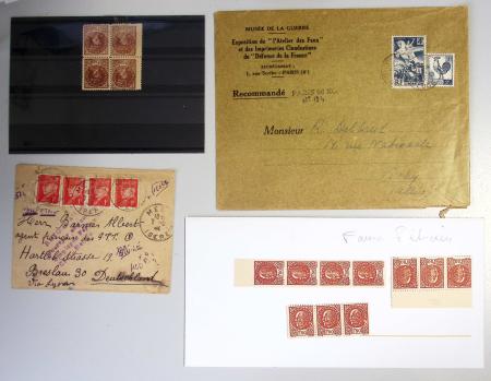 Dossier sur les Faux Pétain de l'Intelligence service (série complète - sauf le 1F50 rose +172 + 8 valeurs dépareillées) et 1F50 brun rouge faux Défense de la France : feuille de 96, bloc de 24, 1 lettre OBL CAD tireté "