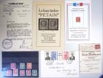 Dossier sur les Faux Pétain de l'Intelligence service (série complète - sauf le 1F50 rose +172 + 8 valeurs dépareillées) et 1F50 brun rouge faux Défense de la France : feuille de 96, bloc de 24, 1 lettre OBL CAD tireté "