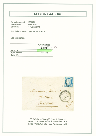 N°60 OBL GC 6345 + T24 "Aubigny au Bac (57)" (1875) sur lettre, ind 25, signé Baudot. TB