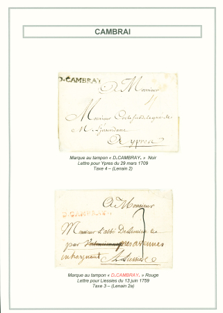 2 lettres avec MP "D. Cambray" (noir 1709 - L n°2 et rouge 1759 - L n°2a), ind 15 et ind 22. TB