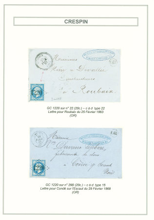 5 lettres de Crespin dont n°14 OBL PC 4419 + T22 (1862), n°22 OBL GC 1220 + T22 (1863), n°22 OBL GC 1220 + T17 (1868) + "OR" de Condé sur l'Escaut. TB