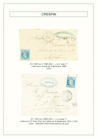 5 lettres de Crespin dont n°14 OBL PC 4419 + T22 (1862), n°22 OBL GC 1220 + T22 (1863), n°22 OBL GC 1220 + T17 (1868) + "OR" de Condé sur l'Escaut. TB