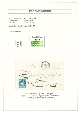 Fresnes-Nord : 5 lettres dont n°22 OBL GC 4785 + T22 "Fresnes-Nord" (1868) sur lettre pour Tournay Belgique (tarif frontalier) et n°60 OBL GC 4785 + T24 (nov 71). TB lot