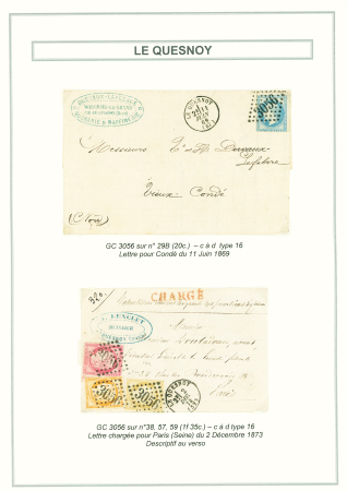 3 lettres dont n°38 + 57 + 59 OBL GC 3056 + T16 Le Quesnoy (1873 sur lettre chargée (VD 257F65c) et n°60 OBL GC 3056 refait + T16 (1875). TB