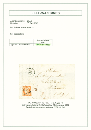 2 lettres dont n°5, 40c orange OBL PC 3690 + T15 Wazemmes (1852) sur lettre pour Audenarde (Belgique), signé Calves. TB