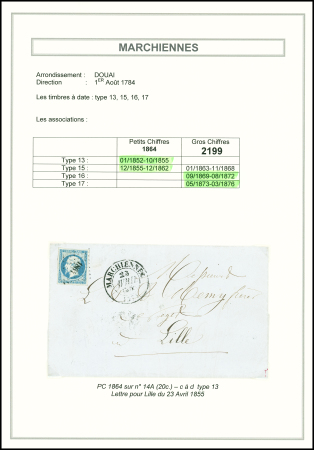 4 lettres de Marchiennes dont n°14 OBL PC 1864 + T13 Marchiennes (1855) et n°43, 10c bistre, 2 pièces OBL GC 2199 + T16 (mars 1871). TB