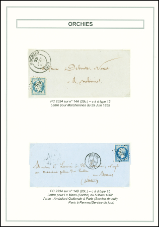 Orchies - 3 lettres dont n°4 OBL PC 2334 (défectueux) + T13 (1852) et taxe 25 double trait annulée - N°14 OBL PC 2334 + T13 Orchies (1855). TB
