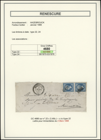 N°22 en paire OBL GC 4680 + T22 "Renescure (57)" (1866) sur lettre, ind 17. Jolie pièce