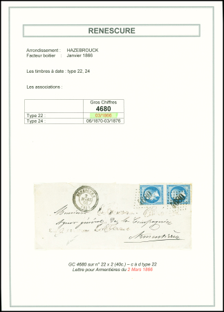 N°22 en paire OBL GC 4680 + T22 "Renescure (57)" (1866) sur lettre, ind 17. Jolie pièce