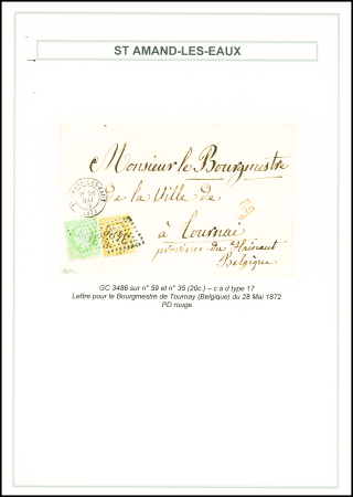 N°35 + 59 OBL GC 3486 + T17 St Amand les eaux (mai 1872) sur lettre pour Tournai (1872 - tarif frontalier). TB