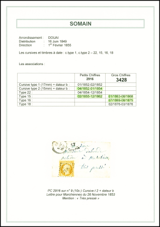 2 lettres dont n°9, 10c bistre (touché) OBL PC 2916 + cursive "57 Somain" sur une petite lettre, ind 20, frappes TB