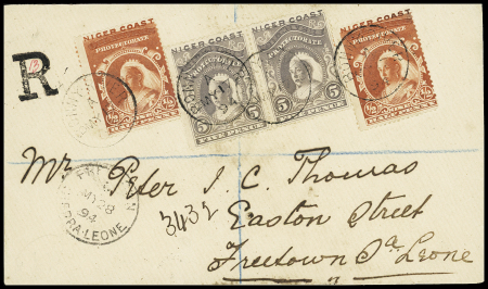 1894 1/2 vermilion(2) and pair of 5d grey-lilac tied