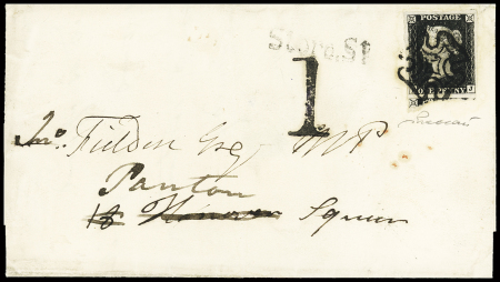 1840 1d Black, plate 4 PJ, large margins with part