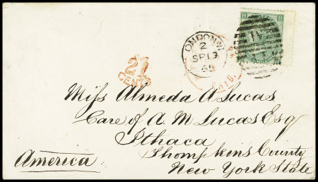 1865-67 1s Green, plate 4, tied by LONDON SP13 duplex
