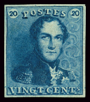 1849 Épaulettes 20c bleu, très belles marges tout autour,