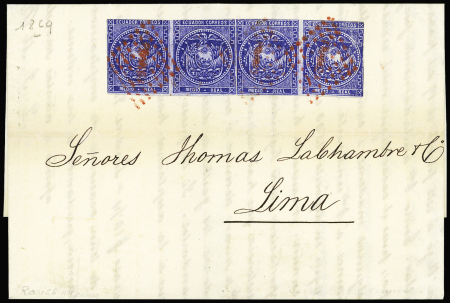 1865-72 1/2r Ultramarin, horizontal strip of four tied