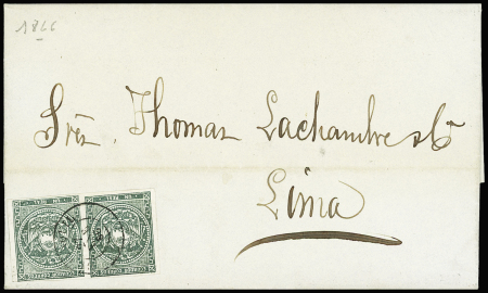 1865-72 1r Green in pair tied GUAYAQUIL 27 ENE 66 cds