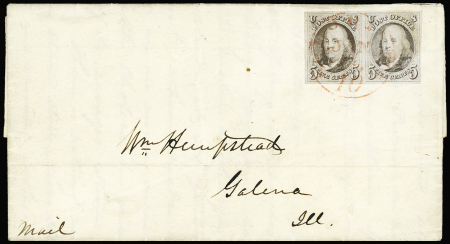 1847 5c Red brown, horizontal pair, large margins all