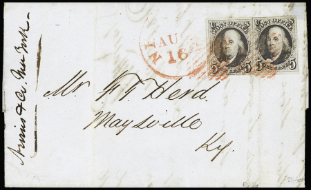 1847 5c Red brown, two singles, mostly large margins,