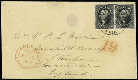 1851-57 12c Black, horizontal pair just barely touched