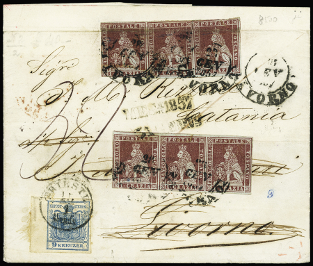 1851-52 1cr Brown carmine, two strips of three on incoming