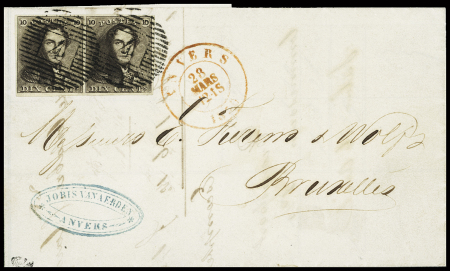 1849 10c Brun, paire très bien margée avec beaux cachets