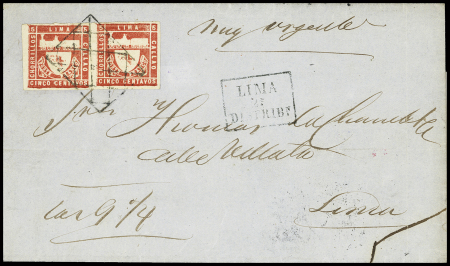 1871 Trencito 5c Red, horizontal pair with good margins