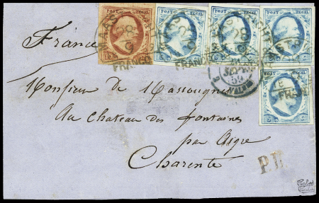 1852 10c Lake and four 5c Blue, all with large margins