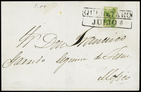 1856 2r Yellow-green BISECT tied by boxed QUERETARO