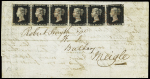 1840 1d Black, plate 4 JC-JH horizontal strip of six,