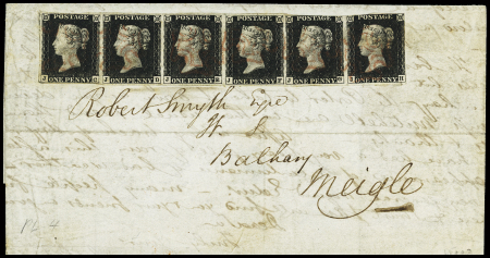 1840 1d Black, plate 4 JC-JH horizontal strip of six,