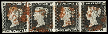 1840 1d Black, plate 1a MI-ML horizontal strip of four,