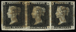 1840 1d Black, plate 2 CH-CJ horizontal strip of three,