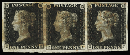 1840 1d Black, plate 2 CH-CJ horizontal strip of three,