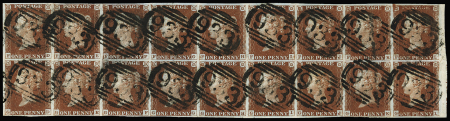 1841 1d Red-brown, unplated marginal block of 18 lettered