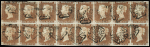 1841 1d Red-brown, unplated marginal block of 16 lettered