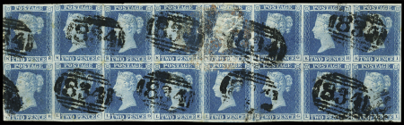 1841 2d Blue, unplated marginal block of 16 lettered