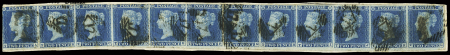 1841 2d Blue, Plate 4 full horizontal strip of the