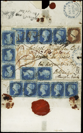 1841 2d Blue, Plate 4 , two pairs, two strips of three