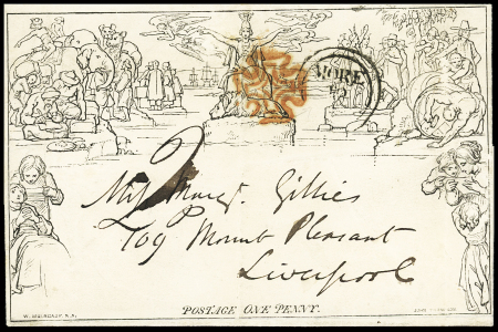 1d Mulready, stereo A68, addressed to Liverpool, cancelled red MC, double-circle MORE TO PAY