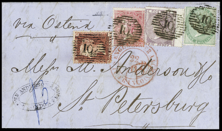 1855-57 1s Green, 6d pale lilac, 4d rose-carmine on