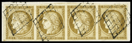 10c bistre-jaune, magnifique bande de quatre obl. grille