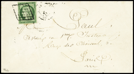 15c vert foncé, bien margé, oblitéré grille sur enveloppe