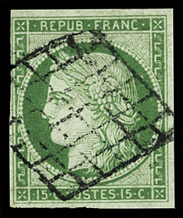15c vert, bien margé, oblitération grille, TB (Yv.